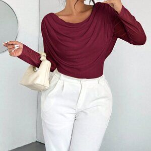 Red Violet Casual Women's Elegant Plunging Long Sleeve Mesh Blouse